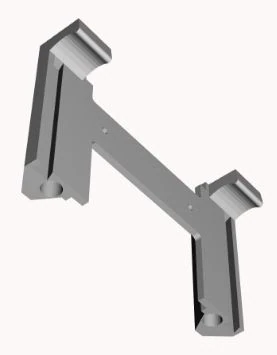 3D-Modell eines länglichen Halters mit zwei Klemmen und Bohrungen